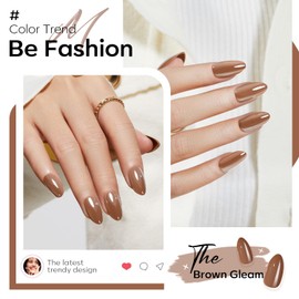 Modelones 32Pcs Fall Press on Nails Almond, Upgrade Short Chrome Brown Fake Nails, Reusable Nail Kit with Nail Glue Adhesive Tabs Mini Nail File, Nails Press Ons 16 Sizes