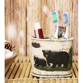Ebros Wildlife Rustic Black Bear in Pine Trees Forest Bathroom Accent Resin Figurine Accessories with Birch Wood Finish Western Country Cabin Lodge Decorative (Toothbrush and Toothpaste Holder)