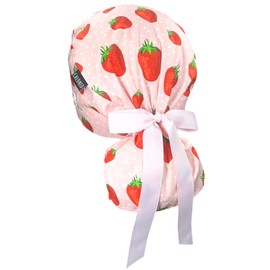 CALOMED Scrub Cap for Women and Men, Ponytail Scrub Caps, Working Hat, Head Cover with Ribbon Ties and Buttons, Long Hair (Strawberries on Pink)