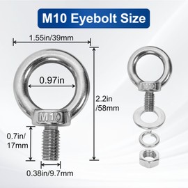 SRZTXU 4 Pack M10 Stainless Steel Eye Bolts with Nuts Washers, 0.65"（17mm） Thread Length - Eyebolts for DIY, Furniture, Swing, and Outdoor Use (4, M10 x 17mm)