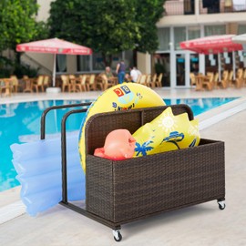 Poolside Float Storage Organizer, Outdoor Wicker Rattan Pool Float Holder Storage Rack for Basket Box Patio Pool Storage Caddy with Rolling Wheels for Pool Toy Noodles Equipment Accessroies (Brown)