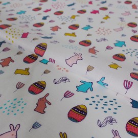 Fabric Sold by the Metre Colourful Eggs and Rabbits White Cotton - 1 Metre, Spring, Decoration, Easter Party