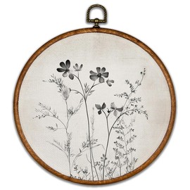 KSDUT Vintage Boho Mid Century Black Flower Floral Wall Decor Art - Botanical Neutral Wall Art Canvas Frame Hanging Prints, Retro Landscape Wildflower Round Wall Art Decor for Home Decorations 10"x10"
