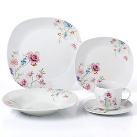 Unknown1 20 Pc. Square Dinnerware Set Service for 4-Small Floral Design White Casual Porcelain Piece Dishwasher Safe Microwave