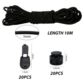 10m Latex Bungee Rope with 20PCS Nylon Tail Clip Buckle, 20PCS Double Hole Snap Buckle, Elastic Rubber Cord, Plastic Rope Lock Set.