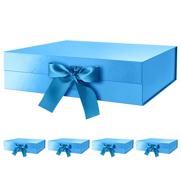 GREEN BEAN 5 Large Gift Boxes with Lids for Present 13x9.7x3.4 Inches, Blue Magnetic Gift Boxes with Ribbon, Groomsmen Proposal Box, Luxury Gift Boxes (Glossy Blue)
