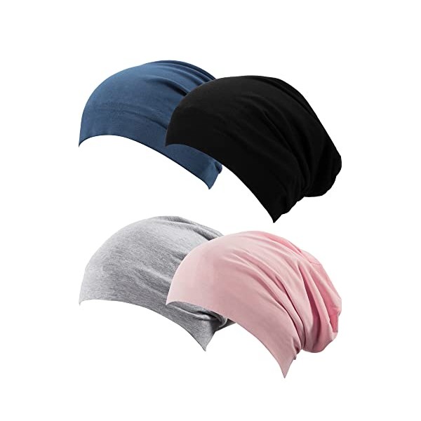 SATINIOR 4 Pieces Satin Lined Sleep Cap Hat Slouchy Beanie Slap Hat for Women (Black, Grey, Dark Blue, Pink), Medium
