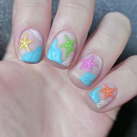Summer Press on Nails Short Square Fake Nails with Colorful starfish Designs Beach Nails Press ons Blue Acrylic Nails Glossy Glue on Nails Cute False Nails Artificial Stick on Nails for Women 24Pcs