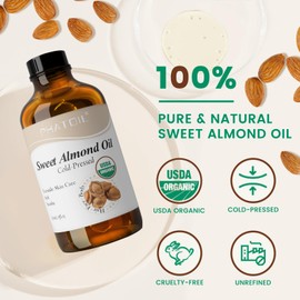 PHATOIL Organic Sweet Almond Oil, 4.0 fl oz (118 ml), Natural, 100% Moisturizing, Massage Oil, For Hair, Face, Body, No Additives