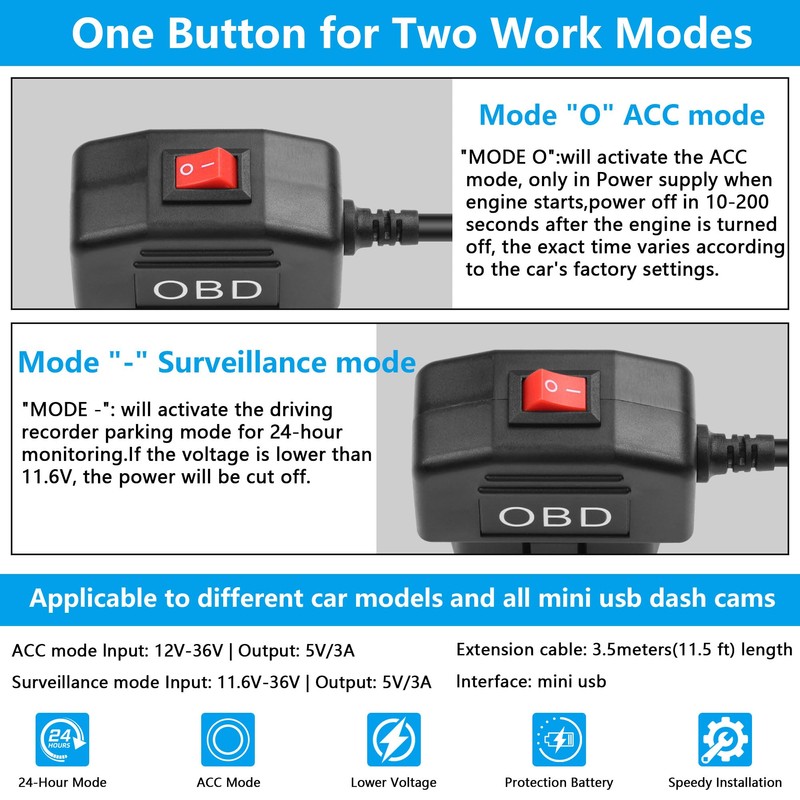 CERRXIAN 11.5 Feet Mini OBD Power Cable OBD to Mini