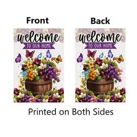 Welcome to Our Home Spring Summer Garden Flag 12x18 Inch Double Sided Barrel of Flowers Yard Flag Purple Flowers Floral Garden Flag Seasonal Farmhouse Decor Garden Lawn Yard Outdoor Decorations
