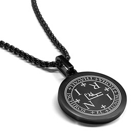 Comfort Zone Studios Stainless Steel Seal of Archangel Thavael Round Medallion Pendant Necklace, Black