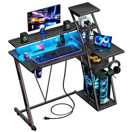Reversible Corner Gaming Desk with LED Lights & Power Outlet, Computer Desk with Extra Storage Shelves, Small L Shaped Gamer Workstations with Monitor Stand for Bedroom, 39 Inch, Carbon Fiber Black
