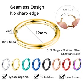 Jstyle 8 Pairs 316L Surgical Stainless Steel Small Hoop Earrings for Men Women Hypoallergenic Huggie Hoop Earrings Cartilage Helix Lobes Sleeper Hoop Earrings Set 18G 12mm