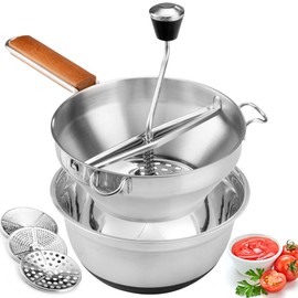 Food Mill and Bowl - 3 food grinder Discs & Mixing Bowl - Potato ricer for mashed potatoes - Grain mill hand crank for Mashing, Straining & Grating Fruits & Vegetables - Baby food mill - Bezrat