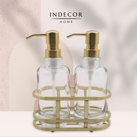 3 Piece Round Heavy Weight Glass Soap Lotion Pump Dispenser Set with Metal Caddy for Home Bath Kitchen Travel Office Hand Crafted Metal Tray Brushed Gold