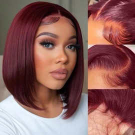 Nopxam 14 Inch 99j Burgundy Bob Wig Human Hair 13x4 HD Transparent Lace Front Wigs Human Hair 180% Density Short Bob Glueless Straight Wigs Human Hair for Women