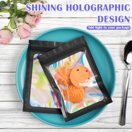 JETMORE 100 PCS Black Smell Proof Bag, Mylar Bags, Holographic Bags with Clear Window, Resealable Bags for Small Business, Packaging Bags for Bracelets, Jewelry, Candy, Gift, Sample Bags （4x6in）