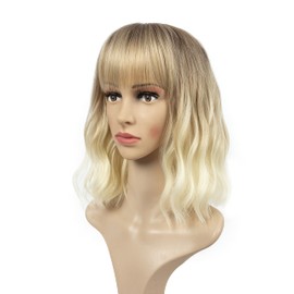 LEEVEN Leeven 12" Ombre Blonde Synthetic Wigs with Bangs Short Wavy Bob Style Wigs for Women Heat Resistant Shoulder Length Hair Wig Blonde Daily Cosplay Wig (427#)