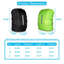 2pcs Raincover for Backpacks with Reflective Stripes, 30L-40L Waterproof Backpack Raincover, Raincover Backpacks for Hiking, Camping, Travel, Cycling (M, Black + Green)