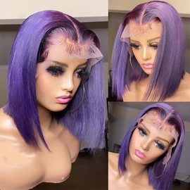 Dark Purple Bob Wig Human Hair 13x4 HD Transparent Lace Front Wigs Human Hair Pre Plucked Natural Hairline Purple Straight Glueless Bob Lace Frontal Wig for Black Women 14 Inch 150% Density