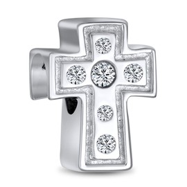 Simple Sparkling Spiritual Religious Clear CZ Cross Charm Bead For Women Teen Communion, Weddings .925 Sterling Silver Fits European Bracelet
