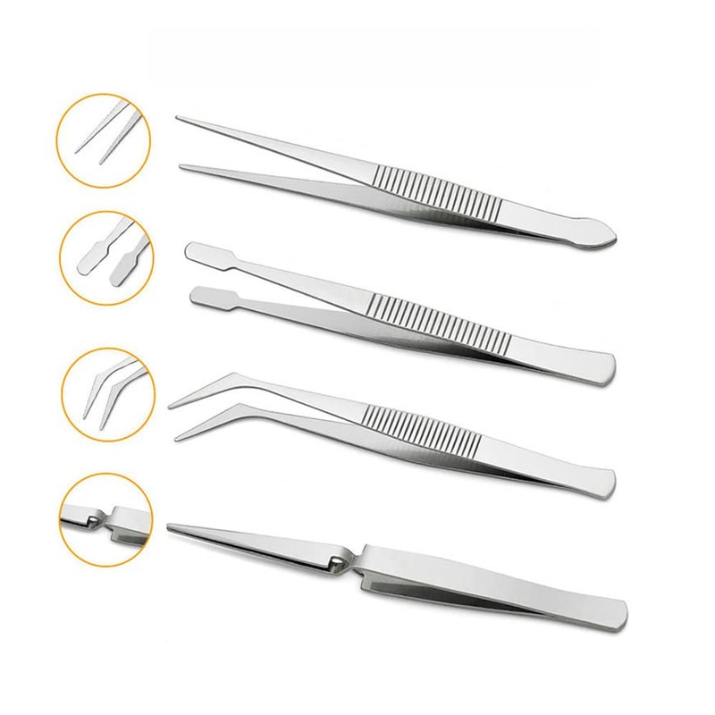 4-Piece Tweezers Set - Professional Stainless Steel Self Locking Hobby