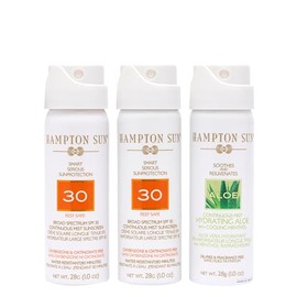 Hampton Sun Travel Trio Kit | SPF 30 1 oz. Continuous Mist Sunscreen + Hydrating Aloe Continuous Mist 1 oz. | Broad-Spectrum, Advanced Water + Sweat Resistance | Soothing + Hydrating Sunburn Relief