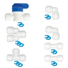 Quick Connect 1/4" Shut Off Valve Expansion Kit, Push-Fit Ball Valve with Additional Water Tube Fittings for Refrigerator, RO Reverse Osmosis, Water Filters, Ice Makers, and Coffee Brewers Connections