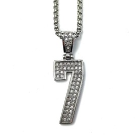 Fanshu Stainless Steel Number 7 Pendant Necklace, Titanium Iced Out Bling Seven Charm Collar Chains Sports Necklace for Men Women Couple Friends Fans Gift Fashion Jewelry Hip Hop (Steel Color)