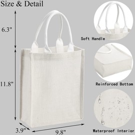 DEAYOU 6 Pack Jute Tote Bag with Handle, Jute Beach Tote Laminated Interior, Reusable Lined Grocery Shopping Bag for Bridesmaid, DIY, Wedding,9.8''x11.8''x3.9'', White