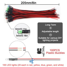NCTNCX Pack of 100 Pre-Wired LED Diodes Light 12 V 100 Pieces 3 mm LED Mounting Rings Plastic 3 mm LEDs with 20 cm Cable (Red, Yellow, Blue, Green, White, Pack of 20)