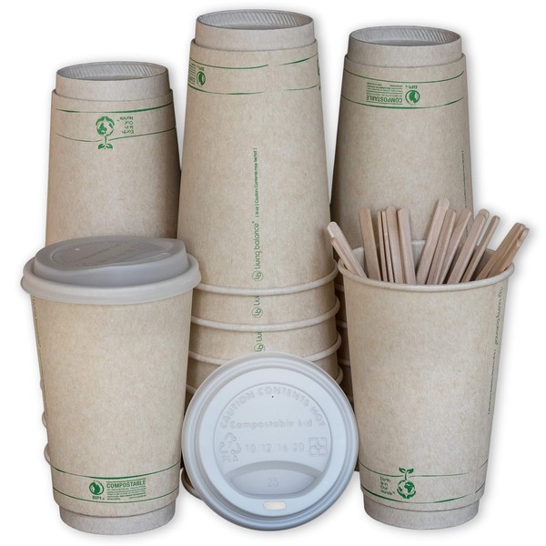 Certified Compostable Coffee Cups by Living Balance | 16oz - 75 Cups with Compostable Lids, Stirrers, and Integrated Sleeves