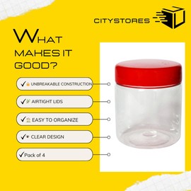 citystores® 4 Pack 250ml Clear Jars for Spice Storage Containers – Unbreakable Kitchen Jars with Airtight Lids, Perfect for Spices, Herbs, Seasonings, & More