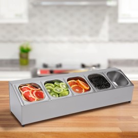 5 Grid Food Serving Rack,Single Row Spice Rack Stainless Steel Organizer Shelf with Five 1/6 Pans Countertop Inclined Holder for Seasoning Sauce Jam Fruits Ingredients, for Kitchen Pantry Use