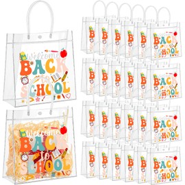 Aliceset 24 Pcs Welcome Back to School Gift Bags with Handle Plastic Clear Treat Goodie Candy Bags PVC Handbags for First Day of School Classroom Party Favors Supplies (9. 84" x 9. 84" x 3. 54")