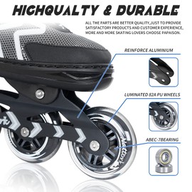 Nattork Adjustable Blades Roller Skates for Kids Girls and Boys,Outdoor & Indoor Black Inline Skates for Adults Women and Men,Beginners,Size 4 5 6