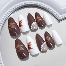Fall Press on Nails Almond Medium Fake Nails with Maple Leaf Rhinestones Designs White Nails Press ons Glossy Glue on Nails Brown Acrylic Nails Nude False Nails Fall Stick on Nails for Women 24Pcs