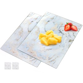 WRINGKIT Set of 2 Glass Cutting Board with Marble Pattern, Tempered Glass Chopping Board with Non-Slip Feet, 16"x 12" Large Glass Board for Countertop, Kitchen, Dishwasher Safe