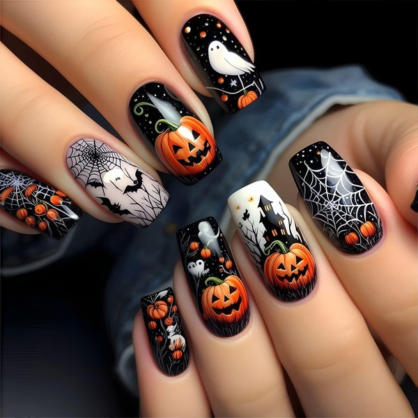 Halloween Press on Nails Square Medium Fake Nails Black The