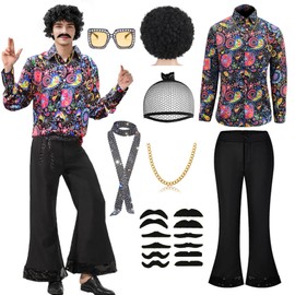 Vercico 70s Fancy Dress Mens, Disco Shirt Mens, 1970s Fancy Dress Men (Black, XXL)