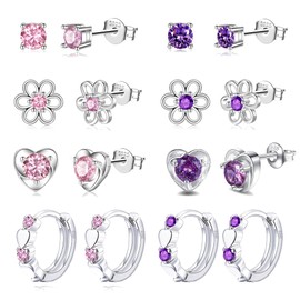 6 Pairs Huggie Hoop Earrings for Girls 925 Sterling Silver Stud Sets Cute Kids Heart Hoops Tiny Cubic Zirconia Flower Stud Small Hypoallergenic Cartilage Sleeper Earrings for Teen Toddler Childs Women