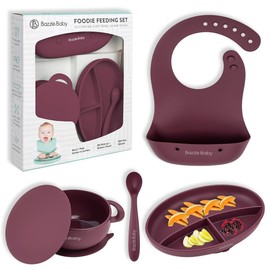 Silicone Baby Feeding Set – Led Weaning Supplies with Suction Plate, Waterproof Bowl with Lid, Bib & Spoon – Baby Feeding Essentials for 6-12 Months, Plates and Utensils Set (Cranberry)