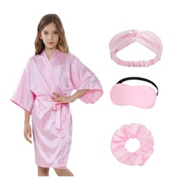 Kids Girls Silky Satin Robe Sets for Birthday Flower Girl Spa Party Wedding with Eyemask Hairband Hair Ring (Pink, Tag 4)