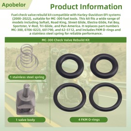 Fuel Check Valve Rebuild Kit Compatible with Harley-Davidson EFI Systems 2000–2022, Fits MC-300 Fuel Tool, Includes Viton O-Rings, Stainless Spring for Softail, Road King, Glide