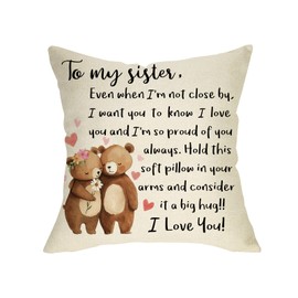 Fjfz to My Sisters Gifts from Sister Brother Decorative Throw Pillow Cover 18 x 18, Christmas Birthday for Girls Baby Kids, Funny Embrace Bear Nursery Sofa Couch Cushion Case Home Decor
