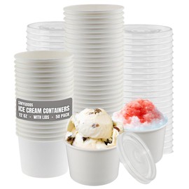 Smygoods Ice Cream Cups with Lids, 12 Ounce, 50 Count, White Paper Bowls for Cold and Hot Desserts