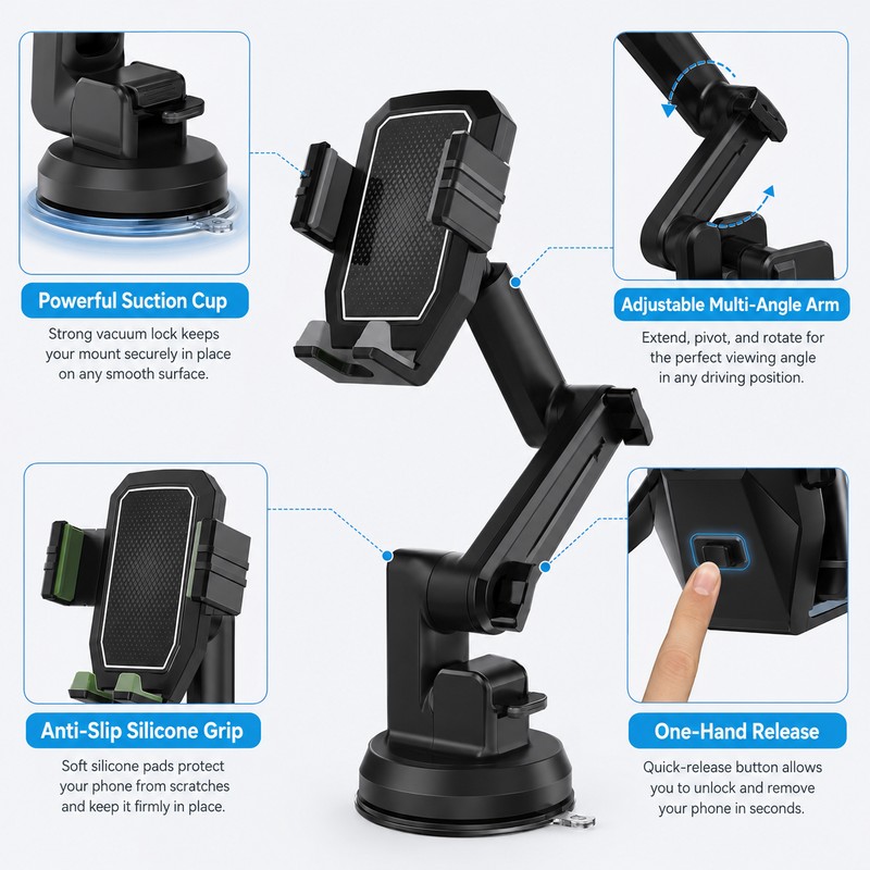 Adjustable Car Phone Mount with Suction Cup – Extendable Dashboard