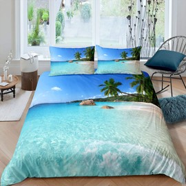 Loussiesd Beach Bed Linen Ocean Duvet Cover Hawaiian Palm Tree Waves Bed Linen Summer Tropical Island and Sea Beach Nature Theme Duvet Cover 135 x 200 cm Blue Bed Set with Zip Closure