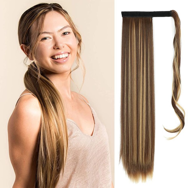 24 inch Ponytail Straight/Wavy/Curly Hair Extension Highlight Blonde/Brown Piano Color Ombre Heat Resistant Synthetic Long Hair Pieces (8H/27#, Straight)